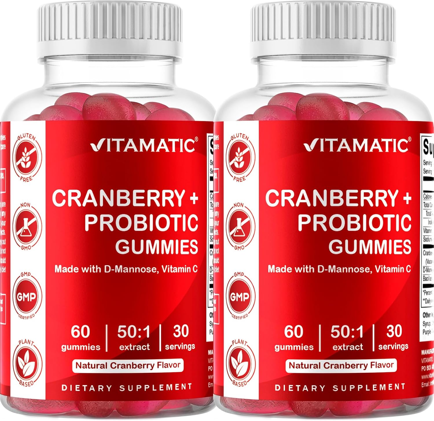 2 Pack Vegan Cranberry Gummies for Women Urinary Tract Health - D-Mannose, Probiotic, Vitamin C - 50X Concentrate Extract - 60 Count - Non-GMO, Gluten Free