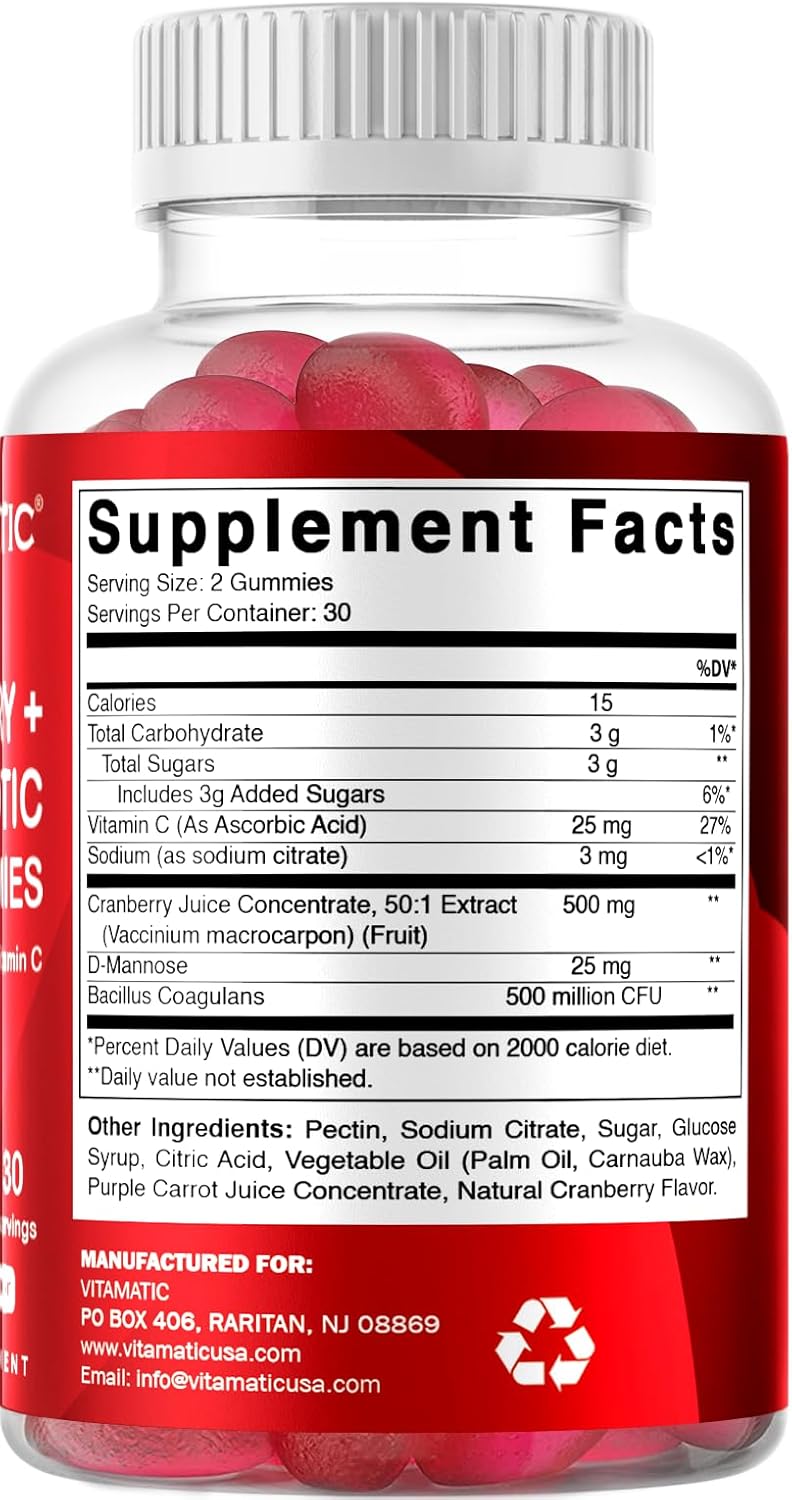 2 Pack Vegan Cranberry Gummies for Women Urinary Tract Health - D-Mannose, Probiotic, Vitamin C - 50X Concentrate Extract - 60 Count - Non-GMO, Gluten Free