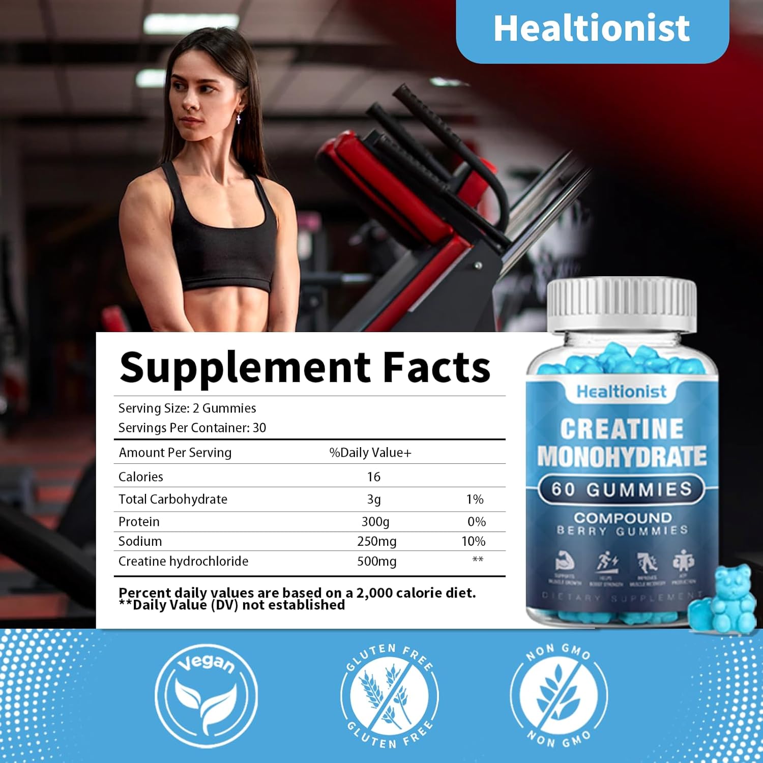 2 Pack Vegan Creatine Monohydrate Gummies for Men & Women - Muscle Builder, Energy Boost, Pre-Workout Supplement - 120 Count