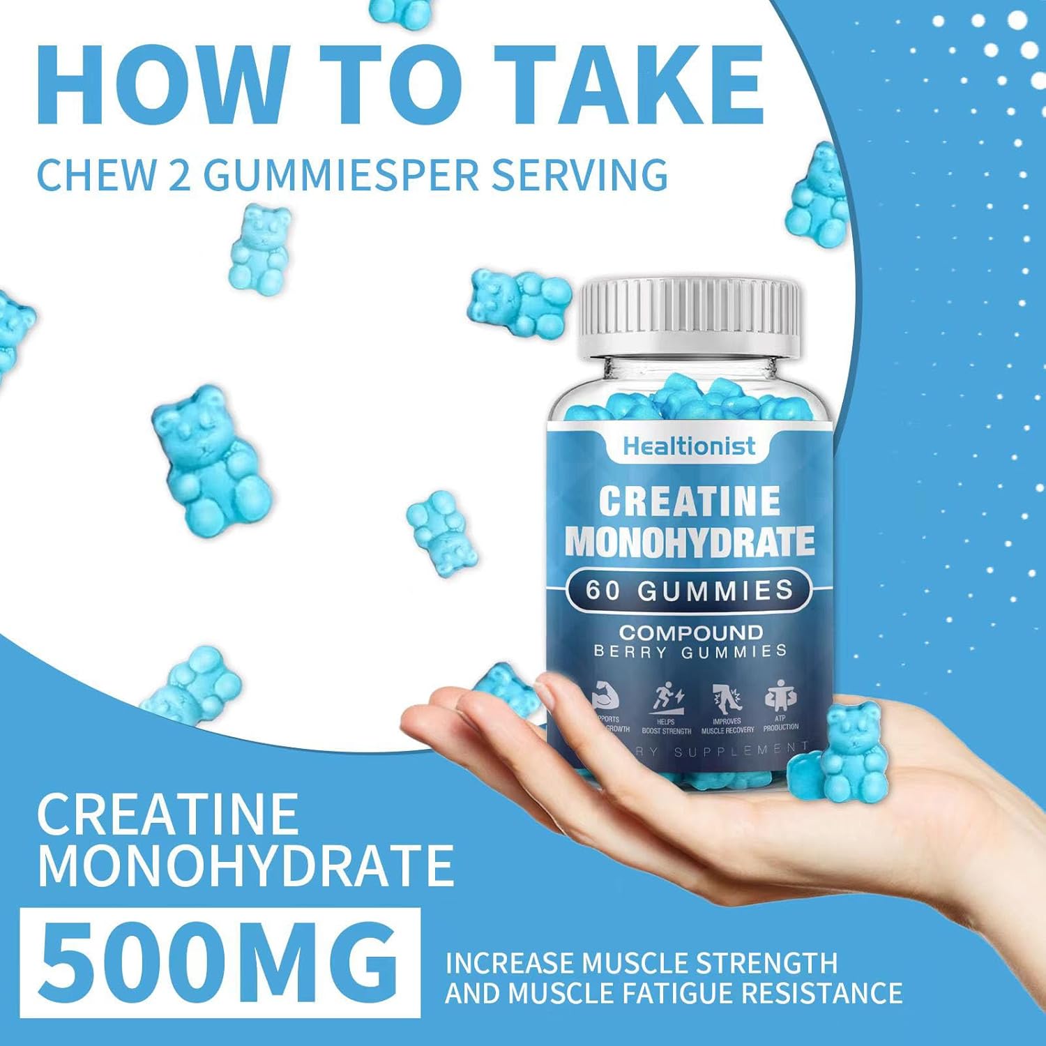 2 Pack Vegan Creatine Monohydrate Gummies for Men & Women - Muscle Builder, Energy Boost, Pre-Workout Supplement - 120 Count