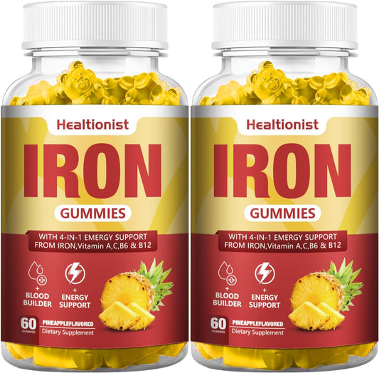 2 Pack Vegan Iron Gummies for Adults & Kids - 100mg Iron Supplements for Energy & Blood Support - Pineapple Flavor - 120 Count