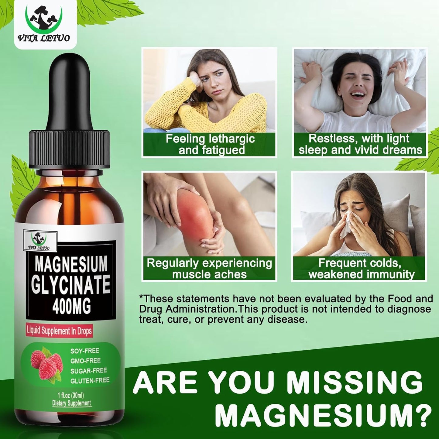 2 Pack Vita Letuo Magnesium Glycinate Liquid Drops - High Absorption Supplement for Bone Health, Sleep, and Immune Support - 400mg Pure Magnesium Glycinate for Men and Women - Vegan and Non-GMO