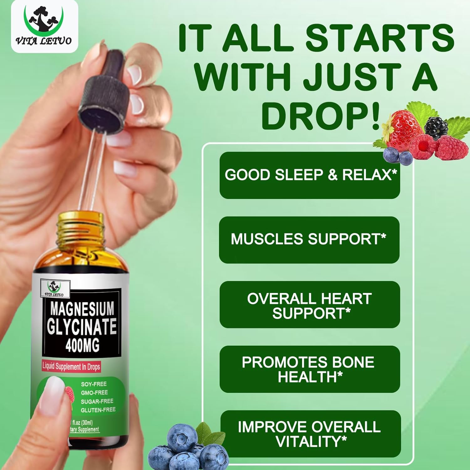 2 Pack Vita Letuo Magnesium Glycinate Liquid Drops - High Absorption Supplement for Bone Health, Sleep, and Immune Support - 400mg Pure Magnesium Glycinate for Men and Women - Vegan and Non-GMO