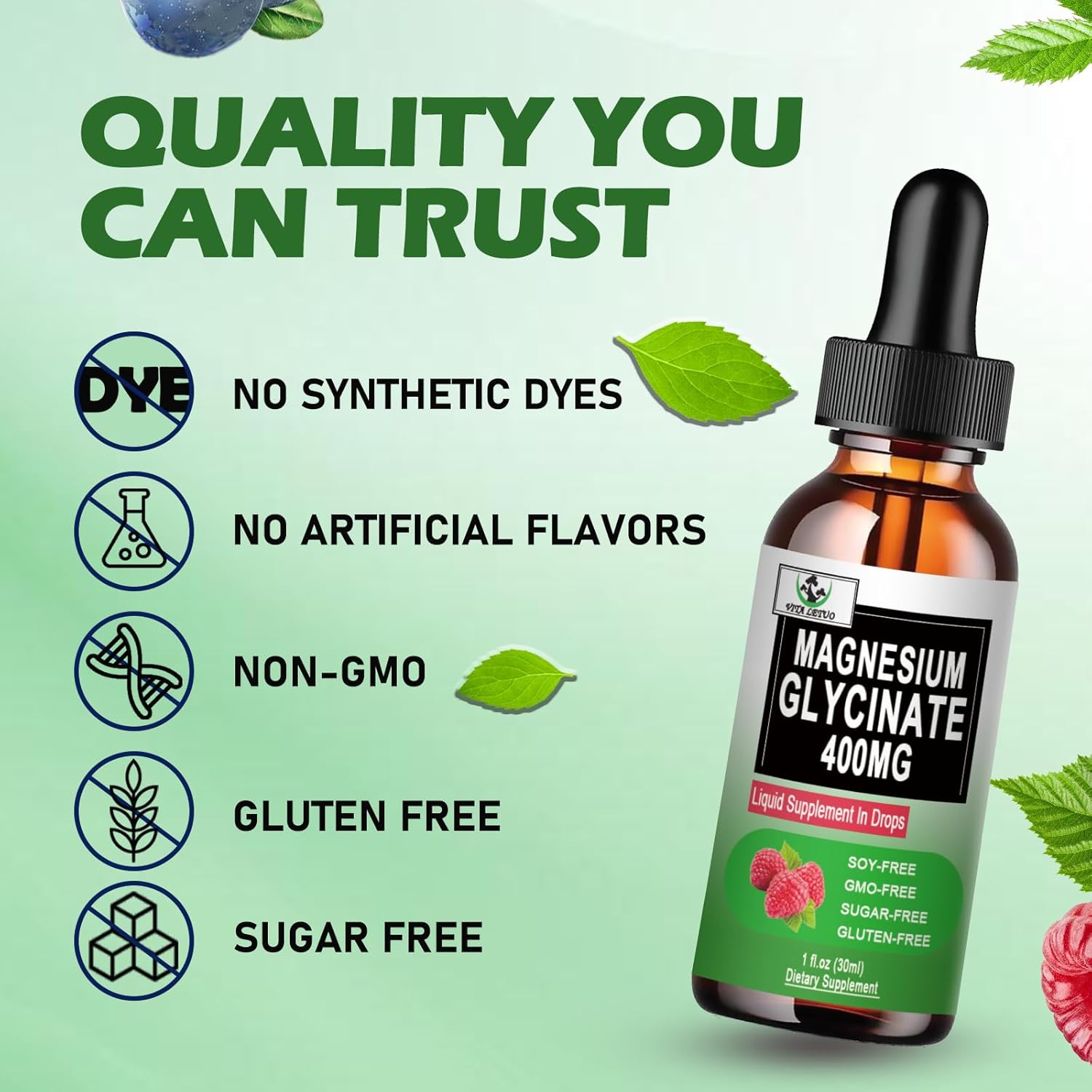 2 Pack Vita Letuo Magnesium Glycinate Liquid Drops - High Absorption Supplement for Bone Health, Sleep, and Immune Support - 400mg Pure Magnesium Glycinate for Men and Women - Vegan and Non-GMO