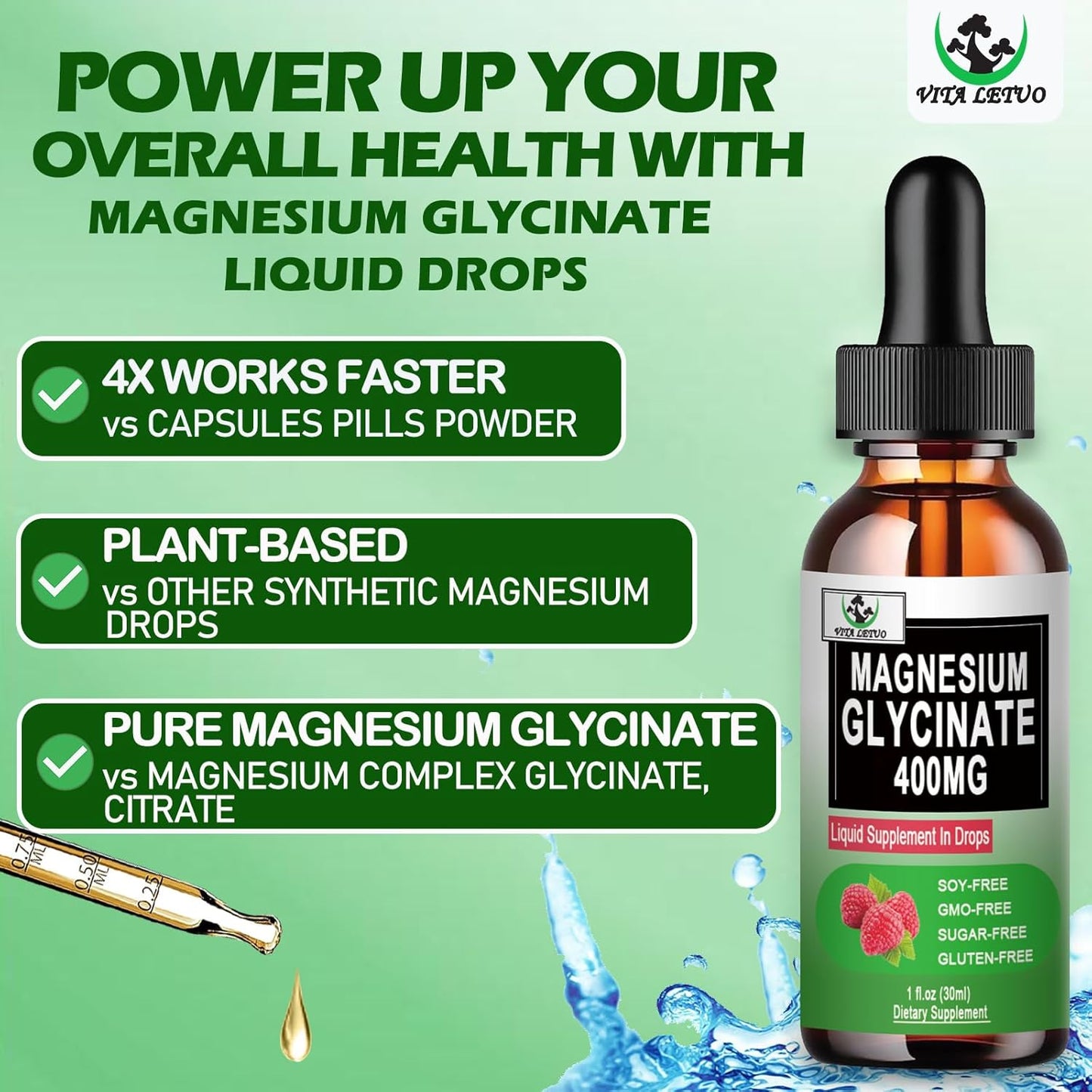 2 Pack Vita Letuo Magnesium Glycinate Liquid Drops - High Absorption Supplement for Bone Health, Sleep, and Immune Support - 400mg Pure Magnesium Glycinate for Men and Women - Vegan and Non-GMO