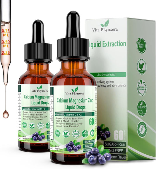 2-Pack Vita PLynxera Liquid Calcium Magnesium Drops with Vitamin D3, K2, B6, Omega-3 - High Potency Bone and Muscle Support Supplement for Relaxation and Sleep