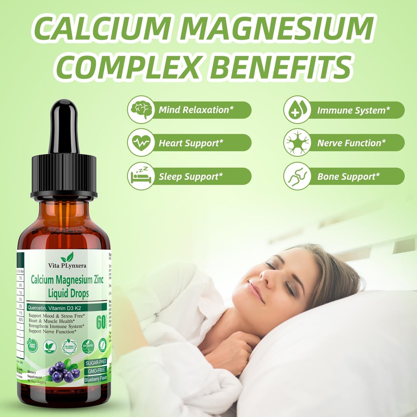 2-Pack Vita PLynxera Liquid Calcium Magnesium Drops with Vitamin D3, K2, B6, Omega-3 - High Potency Bone and Muscle Support Supplement for Relaxation and Sleep