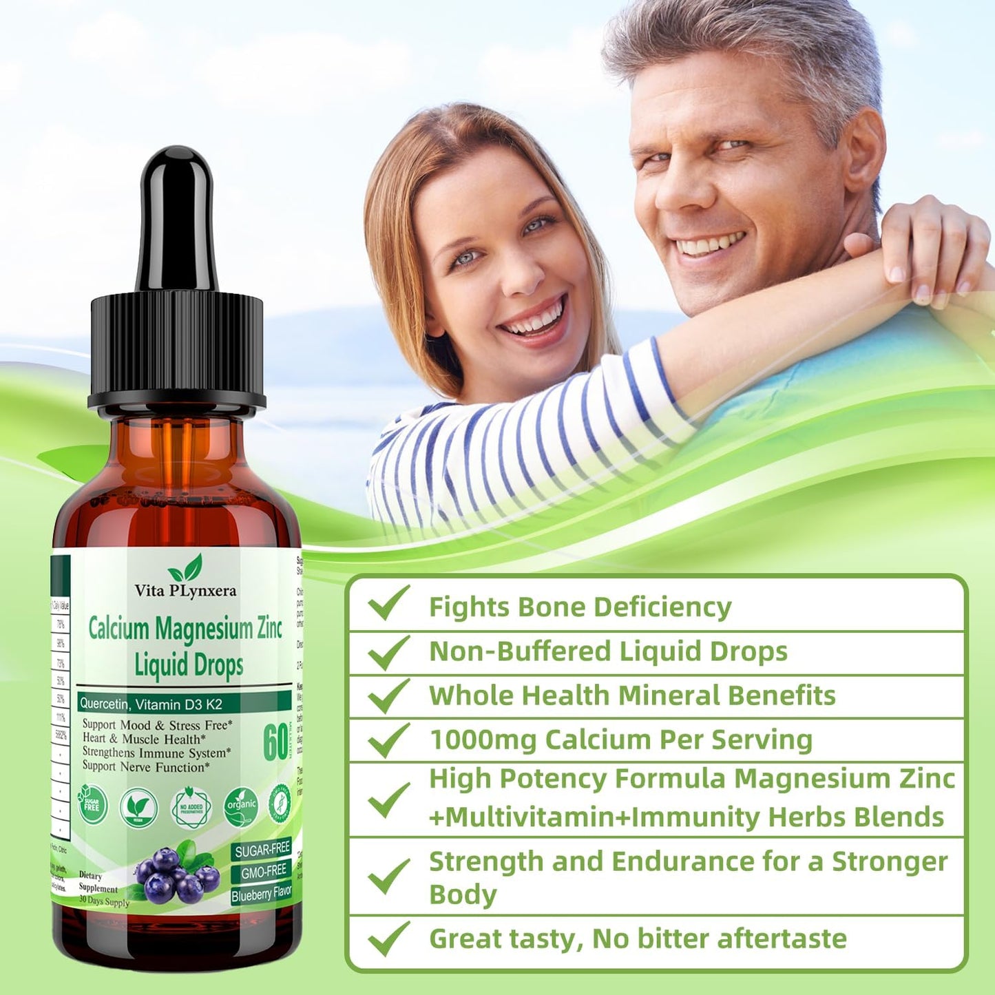 2-Pack Vita PLynxera Liquid Calcium Magnesium Drops with Vitamin D3, K2, B6, Omega-3 - High Potency Bone and Muscle Support Supplement for Relaxation and Sleep