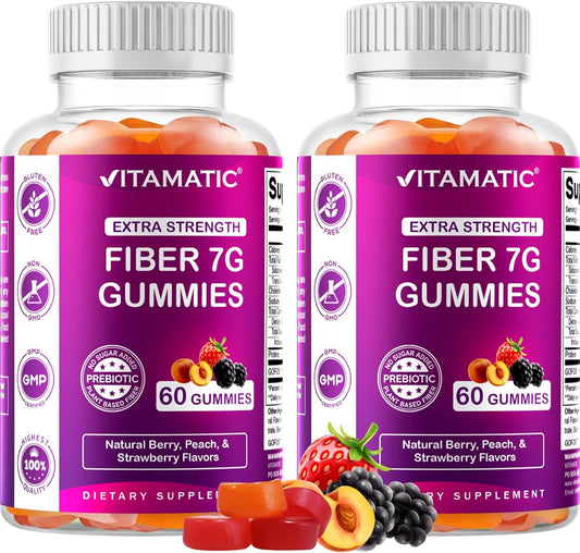 2 Pack Vitamatic Prebiotic Fiber Gummies for Adults - Extra Strength 7G Fiber - Zero Sugar - 60 Pectin Based Gummies - Digestive Health & Regularity Support - 120 Count Total