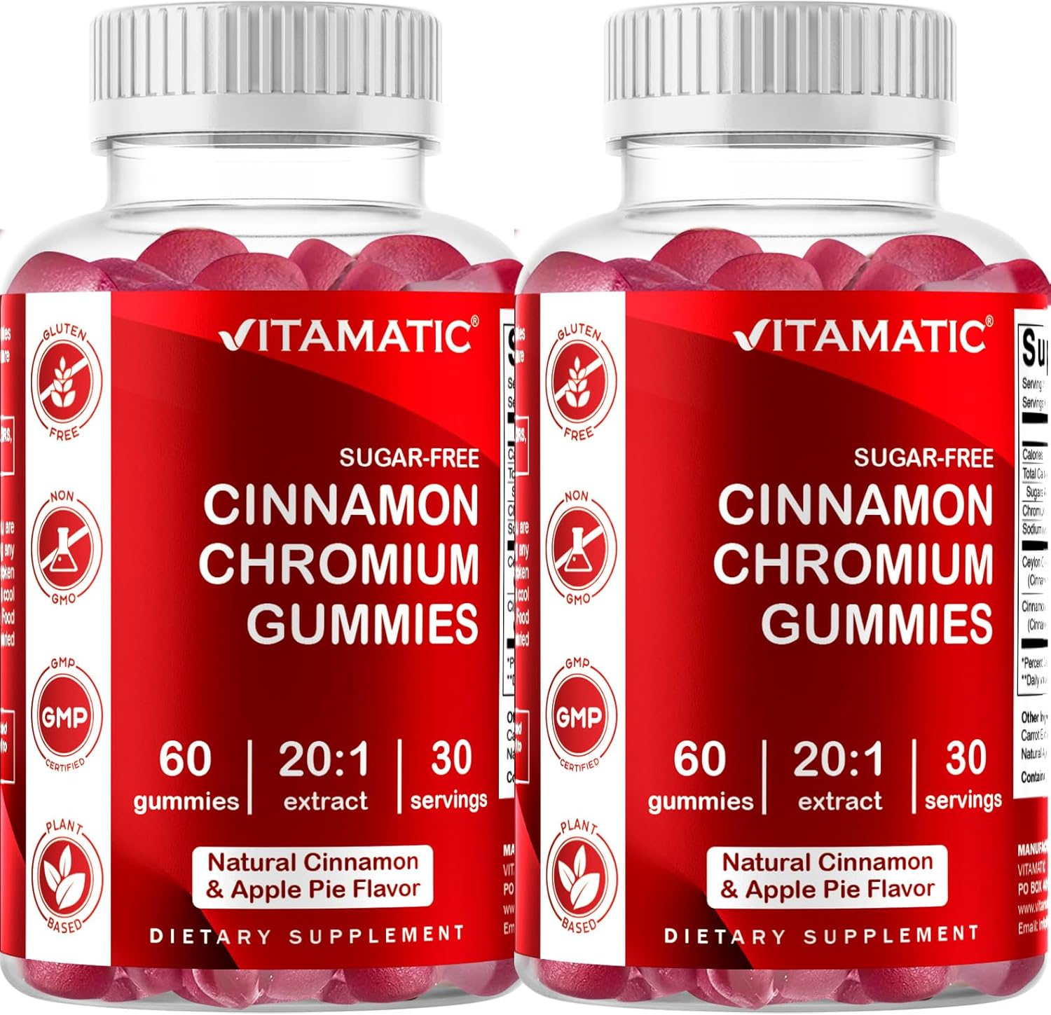 2 Pack Vitamatic Sugar Free Chromium Gummies with Ceylon Cinnamon - Non-GMO, Gluten Free, Vegan - 60 Gummies
