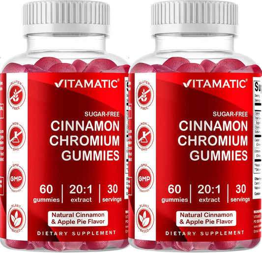 2 Pack Vitamatic Sugar Free Chromium Gummies with Ceylon Cinnamon - Non-GMO, Gluten Free, Vegan - 60 Gummies