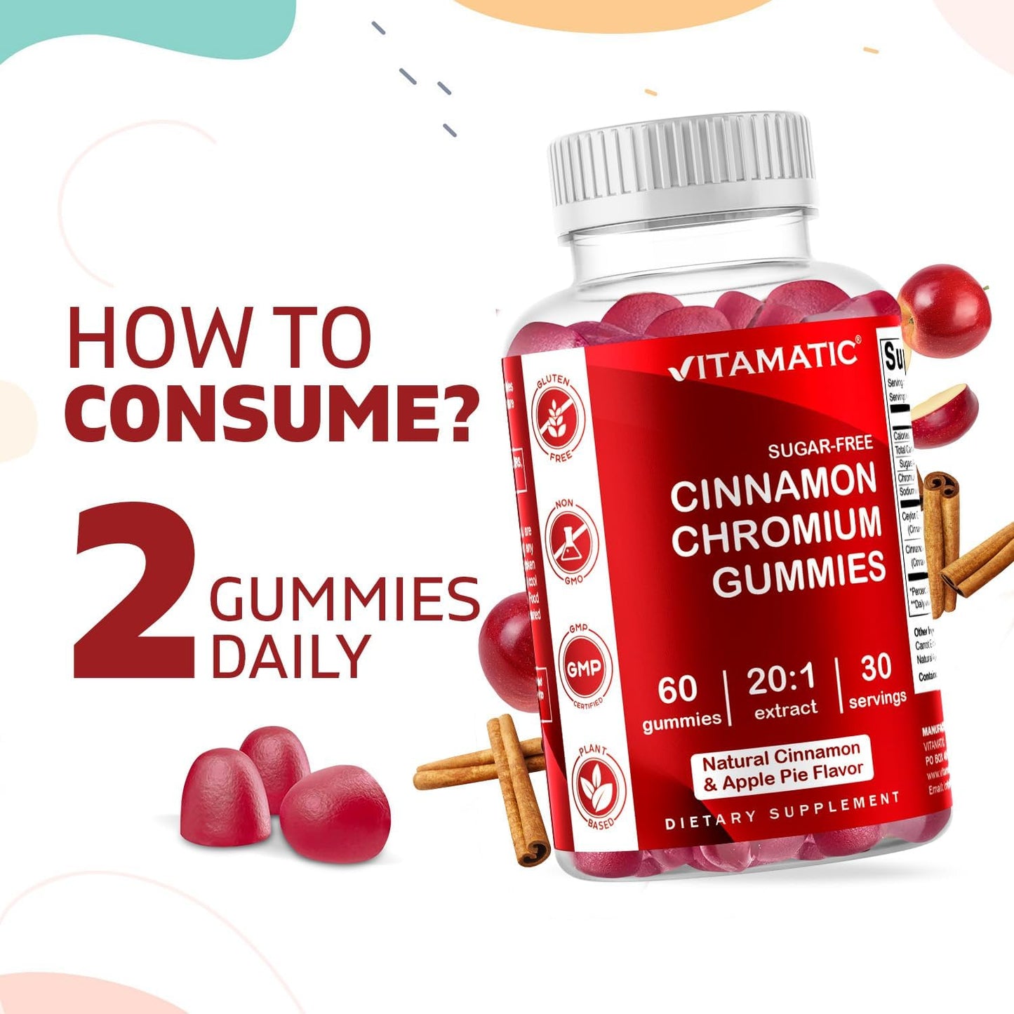 2 Pack Vitamatic Sugar Free Chromium Gummies with Ceylon Cinnamon - Non-GMO, Gluten Free, Vegan - 60 Gummies
