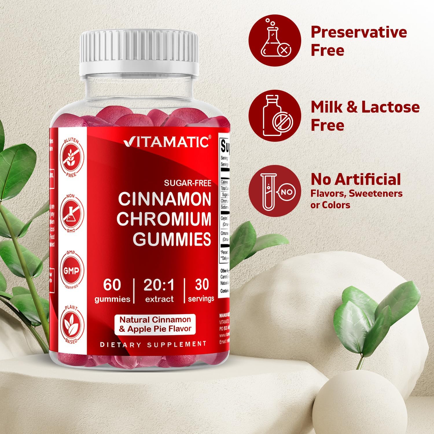 2 Pack Vitamatic Sugar Free Chromium Gummies with Ceylon Cinnamon - Non-GMO, Gluten Free, Vegan - 60 Gummies