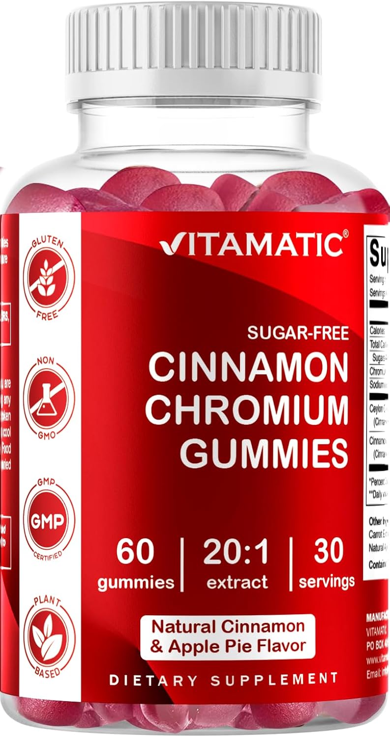 2 Pack Vitamatic Sugar Free Chromium Gummies with Ceylon Cinnamon - Non-GMO, Gluten Free, Vegan - 60 Gummies