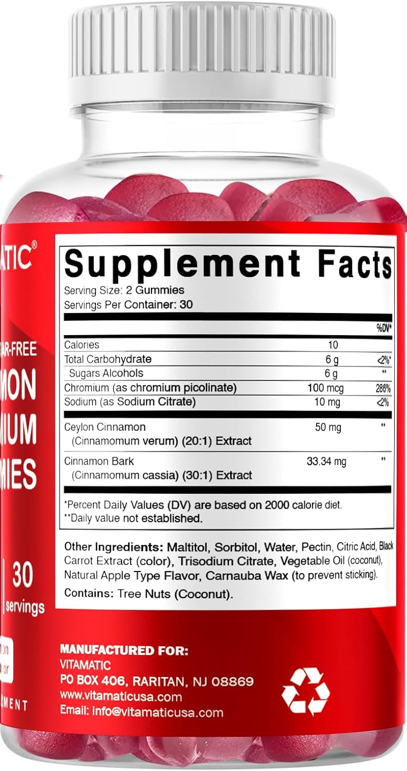2 Pack Vitamatic Sugar Free Chromium Gummies with Ceylon Cinnamon - Non-GMO, Gluten Free, Vegan - 60 Gummies