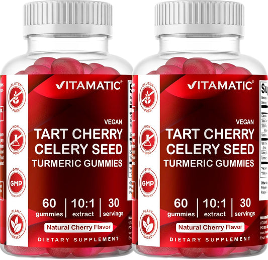 2 Pack Vitamatic Tart Cherry & Celery Seed Gummies - 10X Concentrate Extract - Uric Acid Cleanse for Joint Comfort & Sleep