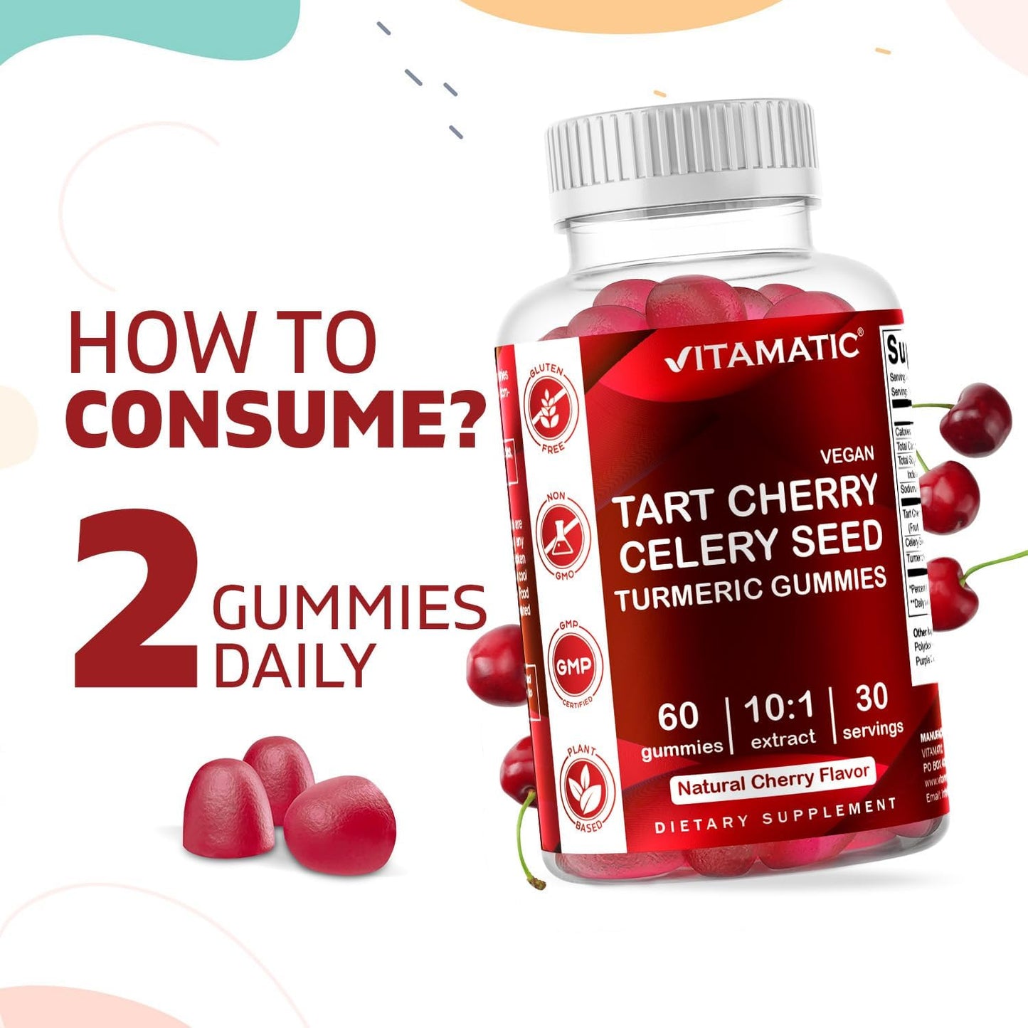 2 Pack Vitamatic Tart Cherry & Celery Seed Gummies - 10X Concentrate Extract - Uric Acid Cleanse for Joint Comfort & Sleep