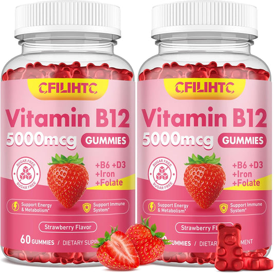 2 Pack Vitamin B12 Gummies 5000mcg for Adults - Methyl B12 with B6, D3, Iron, Folate - Energy & Metabolism Support, Mood & Immune Boost - Sugar Free
