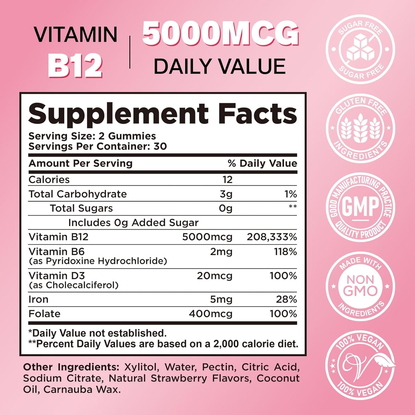 2 Pack Vitamin B12 Gummies 5000mcg for Adults - Methyl B12 with B6, D3, Iron, Folate - Energy & Metabolism Support, Mood & Immune Boost - Sugar Free
