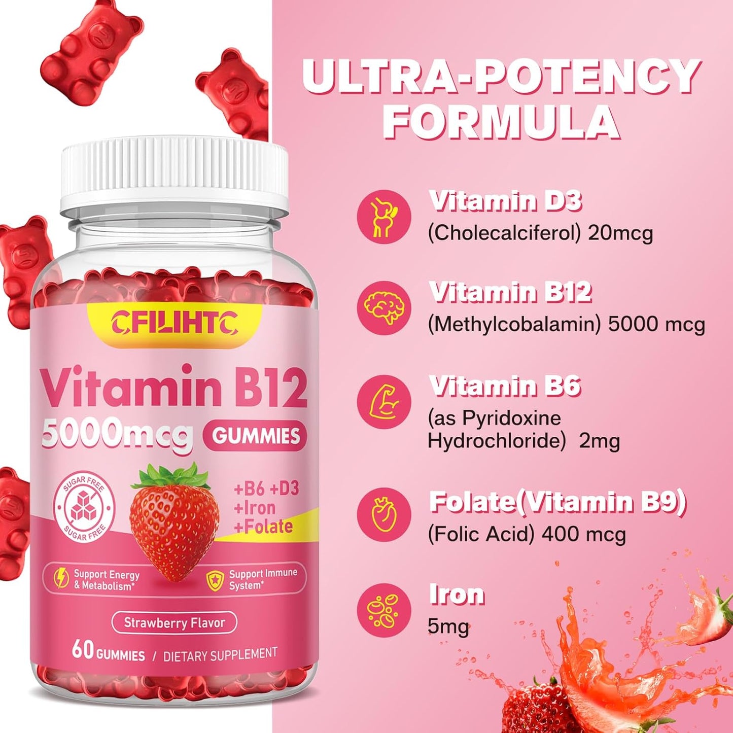 2 Pack Vitamin B12 Gummies 5000mcg for Adults - Methyl B12 with B6, D3, Iron, Folate - Energy & Metabolism Support, Mood & Immune Boost - Sugar Free