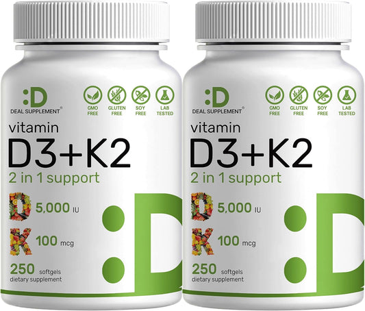 2-Pack Vitamin D3 K2 Softgel Bundle, 5000 IU D3 & K2 MK7 Complex, 250 Count, Promotes Heart, Bone, Teeth Health - Easy to Swallow
