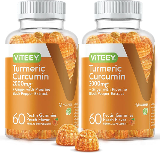 2 Pack Viteey Turmeric Curcumin Gummies with Ginger & Black Pepper - 2000mg Herbal Supplement for Immune Support, Skin & Joint Health - Vegan Pectin Base - Chewable Peach Flavor for Teens & Adults