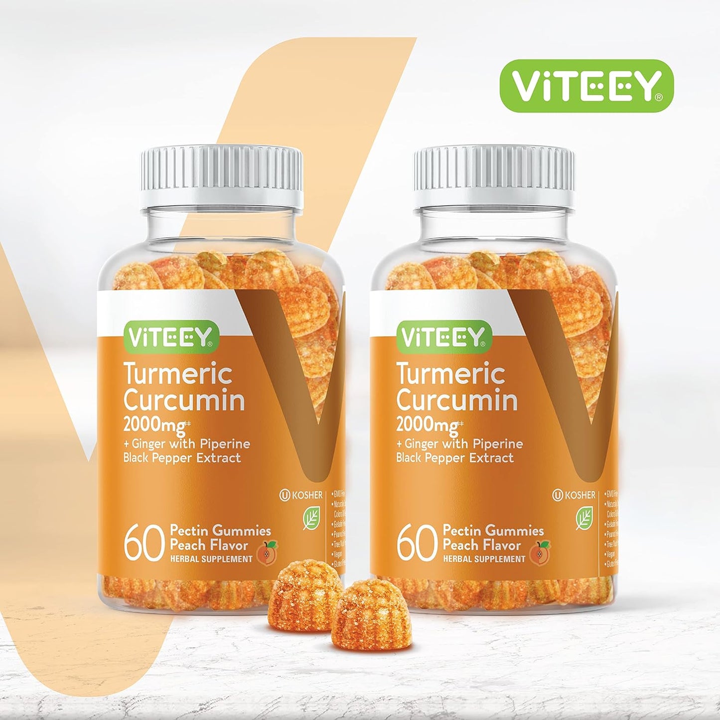 2 Pack Viteey Turmeric Curcumin Gummies with Ginger & Black Pepper - 2000mg Herbal Supplement for Immune Support, Skin & Joint Health - Vegan Pectin Base - Chewable Peach Flavor for Teens & Adults