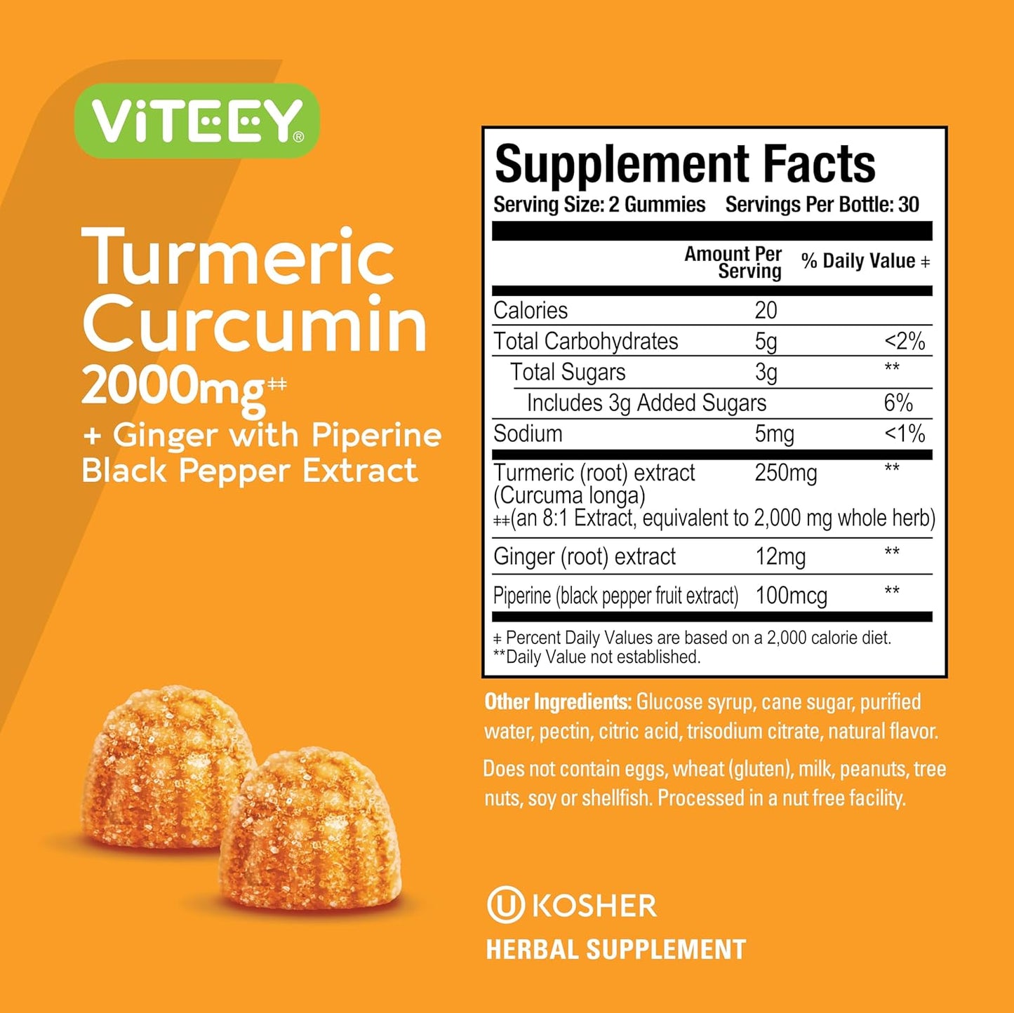 2 Pack Viteey Turmeric Curcumin Gummies with Ginger & Black Pepper - 2000mg Herbal Supplement for Immune Support, Skin & Joint Health - Vegan Pectin Base - Chewable Peach Flavor for Teens & Adults