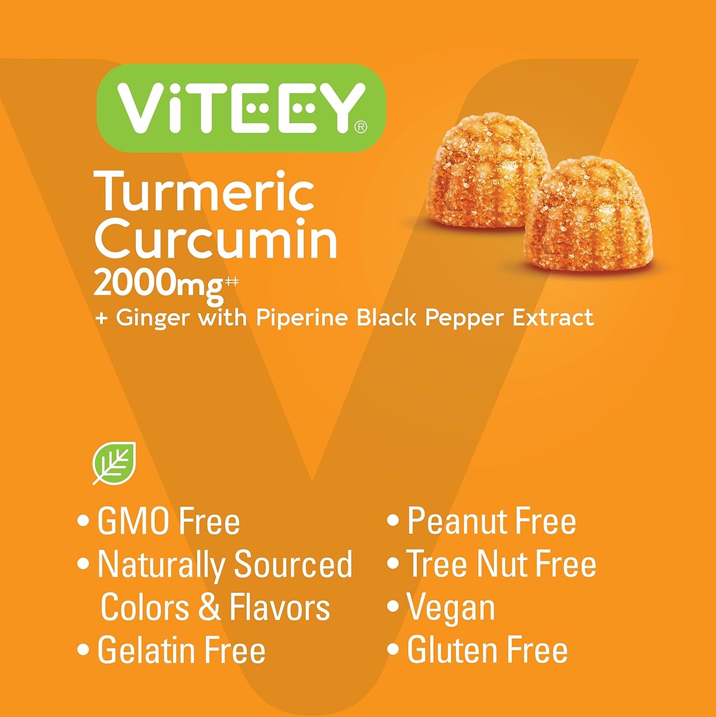 2 Pack Viteey Turmeric Curcumin Gummies with Ginger & Black Pepper - 2000mg Herbal Supplement for Immune Support, Skin & Joint Health - Vegan Pectin Base - Chewable Peach Flavor for Teens & Adults
