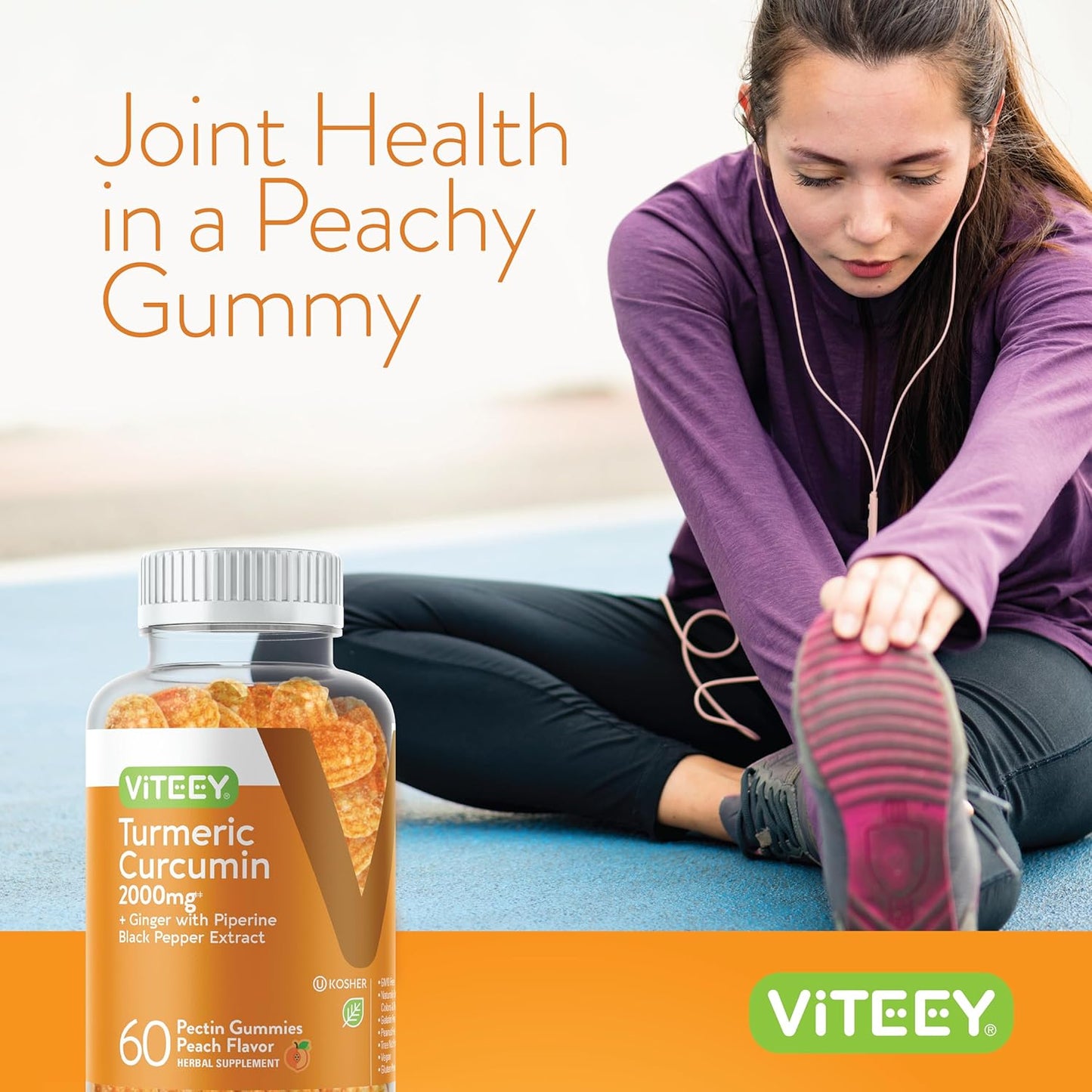 2 Pack Viteey Turmeric Curcumin Gummies with Ginger & Black Pepper - 2000mg Herbal Supplement for Immune Support, Skin & Joint Health - Vegan Pectin Base - Chewable Peach Flavor for Teens & Adults