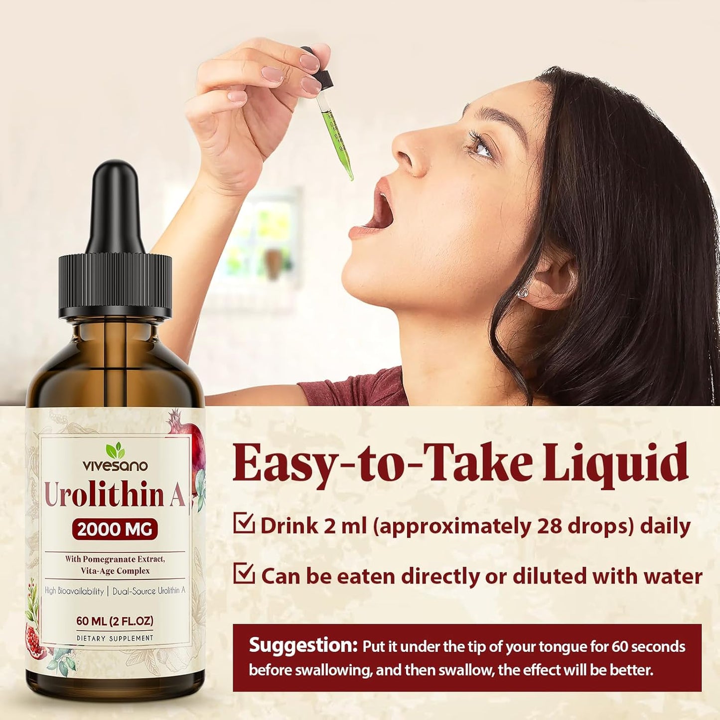 2-Pack ViveSano Urolithin A 2000MG Liquid Drops with Pomegranate Extract and Vita-Age Complex for High Bioavailability