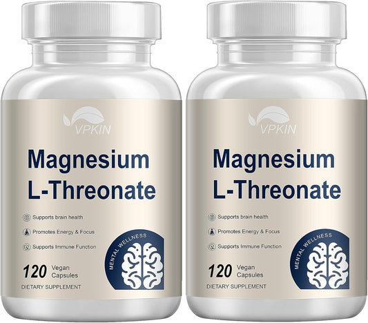 2 Pack VPKIN Magnesium L-Threonate Capsules with Vitamin C & D3 - High Absorption, Memory & Focus Support (120 Caps)