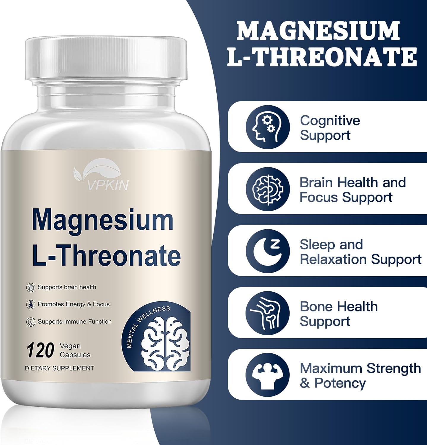 2 Pack VPKIN Magnesium L-Threonate Capsules with Vitamin C & D3 - High Absorption, Memory & Focus Support (120 Caps)
