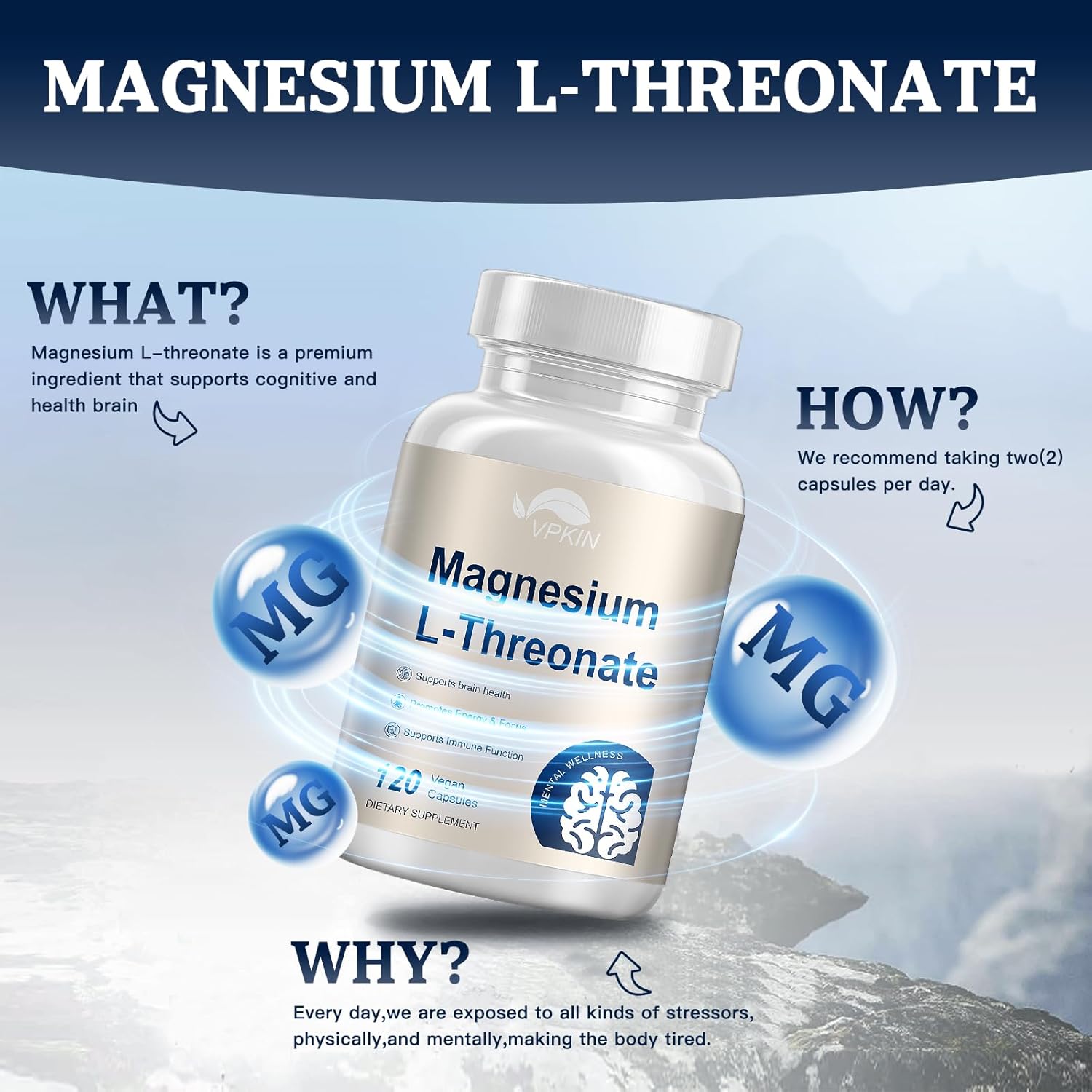 2 Pack VPKIN Magnesium L-Threonate Capsules with Vitamin C & D3 - High Absorption, Memory & Focus Support (120 Caps)