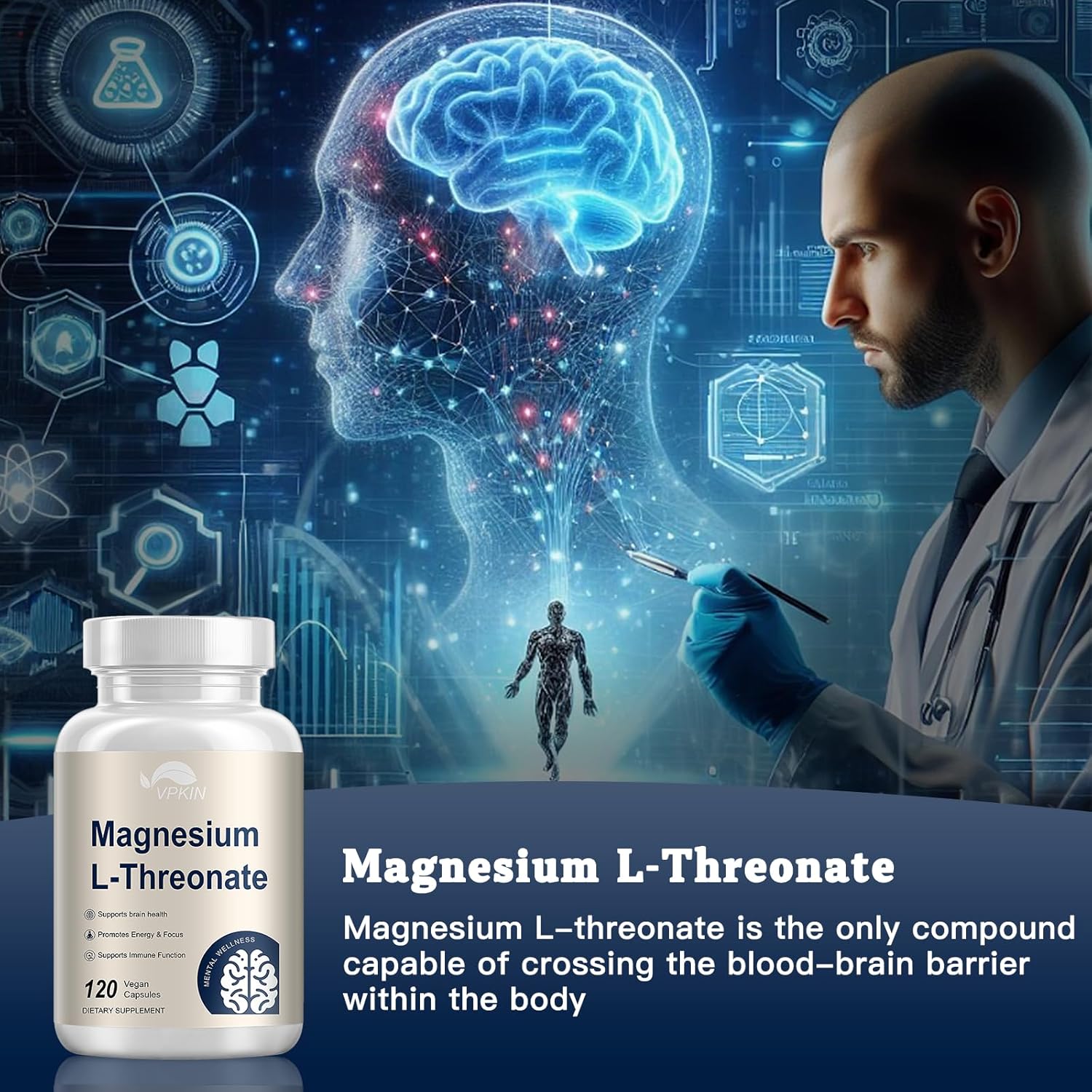 2 Pack VPKIN Magnesium L-Threonate Capsules with Vitamin C & D3 - High Absorption, Memory & Focus Support (120 Caps)