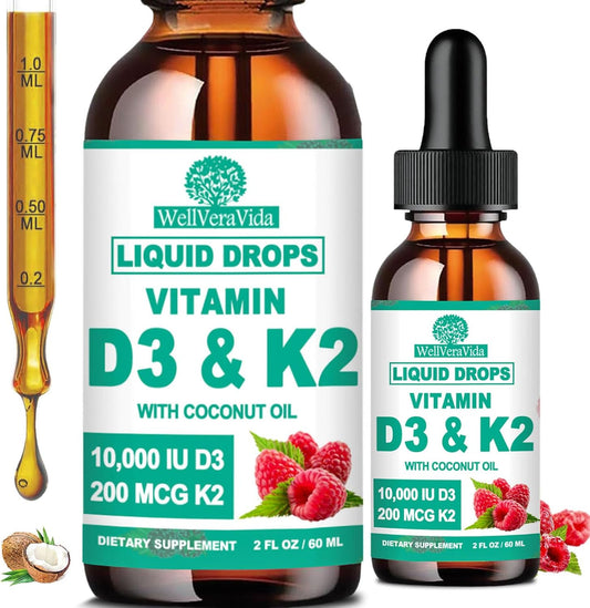 2 Pack WellVeraVida Liquid D3 K2 Vitamin with Coconut Oil, 10000iu D3 & 200mcg K2 (MK-7), Enhanced with Magnesium Zinc for Joint & Bone Health - Stronger Than Softgels
