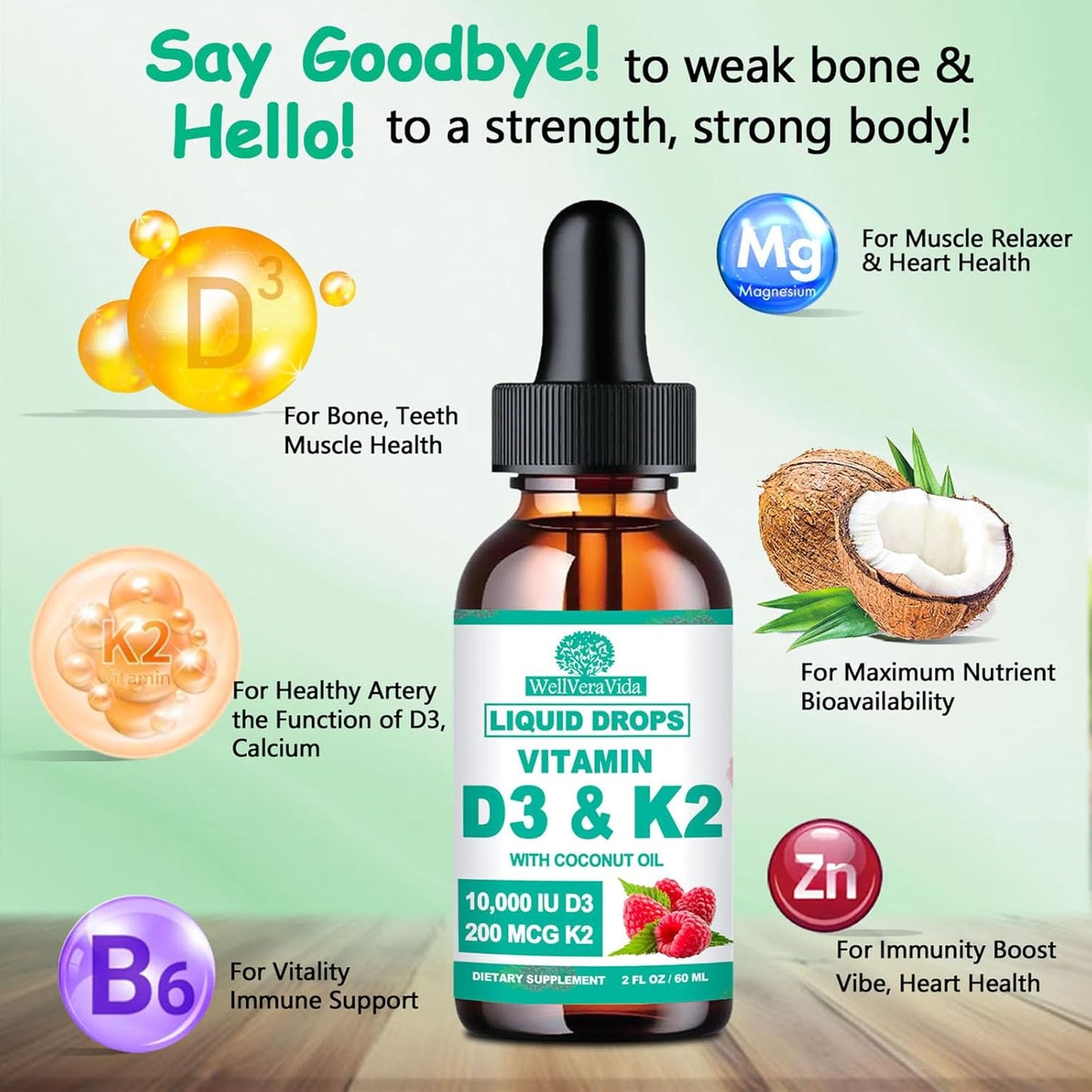 2 Pack WellVeraVida Liquid D3 K2 Vitamin with Coconut Oil, 10000iu D3 & 200mcg K2 (MK-7), Enhanced with Magnesium Zinc for Joint & Bone Health - Stronger Than Softgels