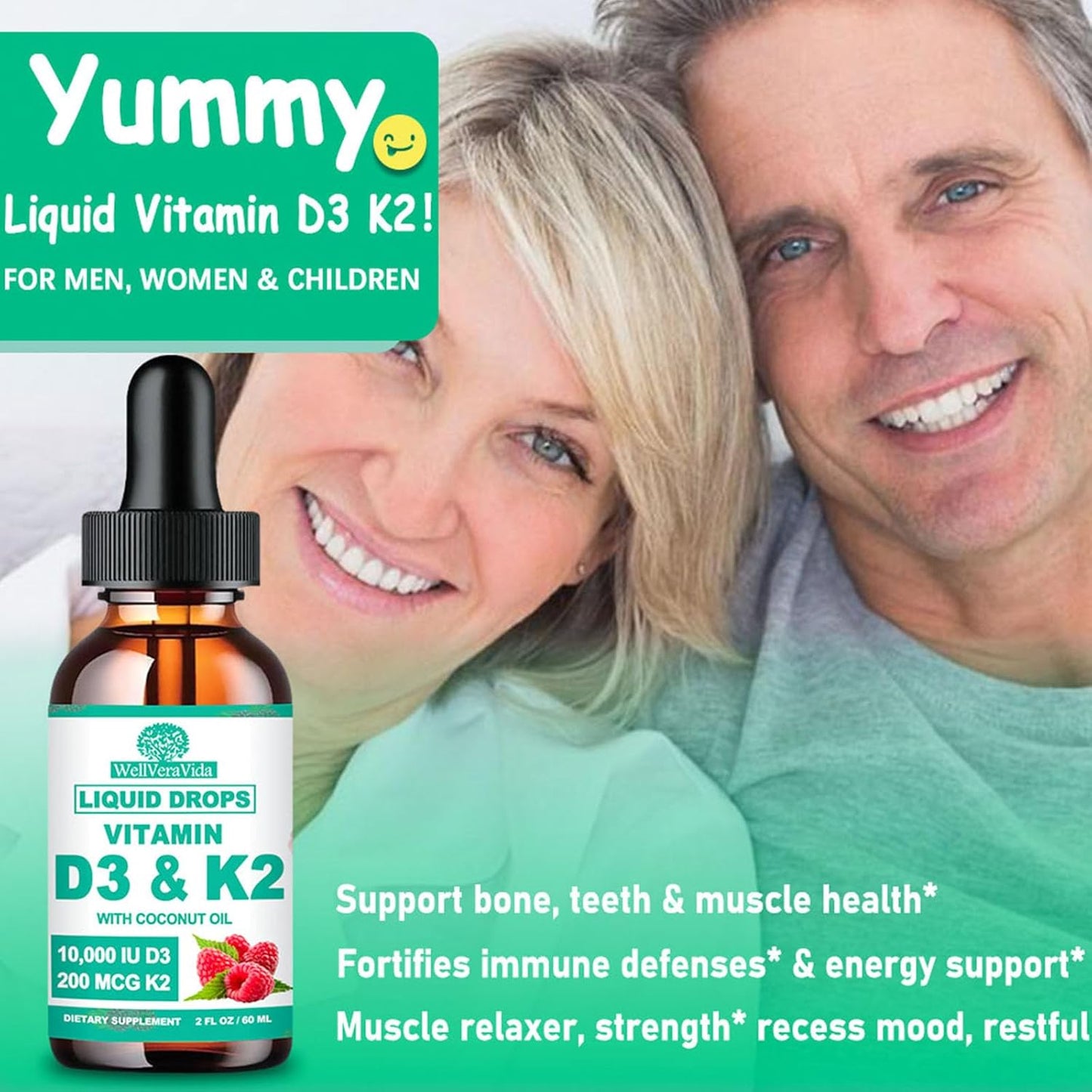 2 Pack WellVeraVida Liquid D3 K2 Vitamin with Coconut Oil, 10000iu D3 & 200mcg K2 (MK-7), Enhanced with Magnesium Zinc for Joint & Bone Health - Stronger Than Softgels