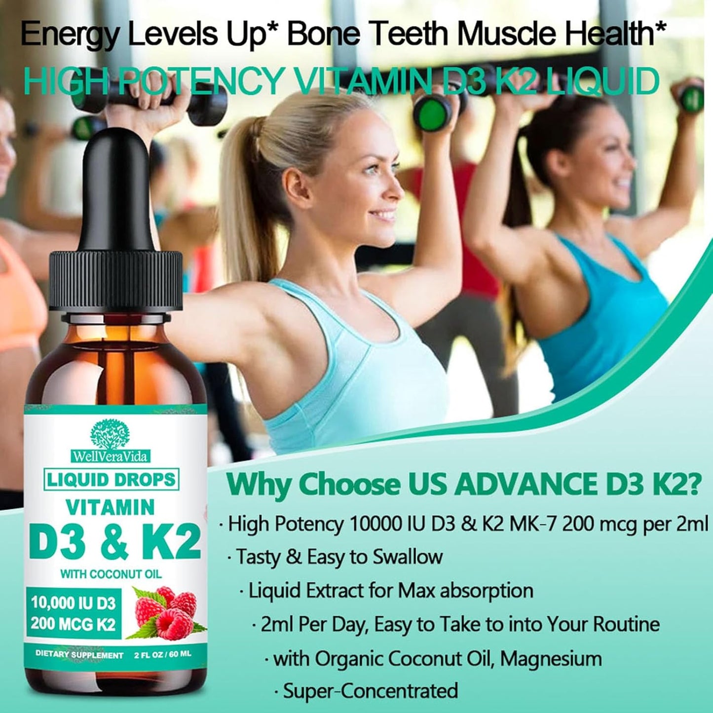 2 Pack WellVeraVida Liquid D3 K2 Vitamin with Coconut Oil, 10000iu D3 & 200mcg K2 (MK-7), Enhanced with Magnesium Zinc for Joint & Bone Health - Stronger Than Softgels