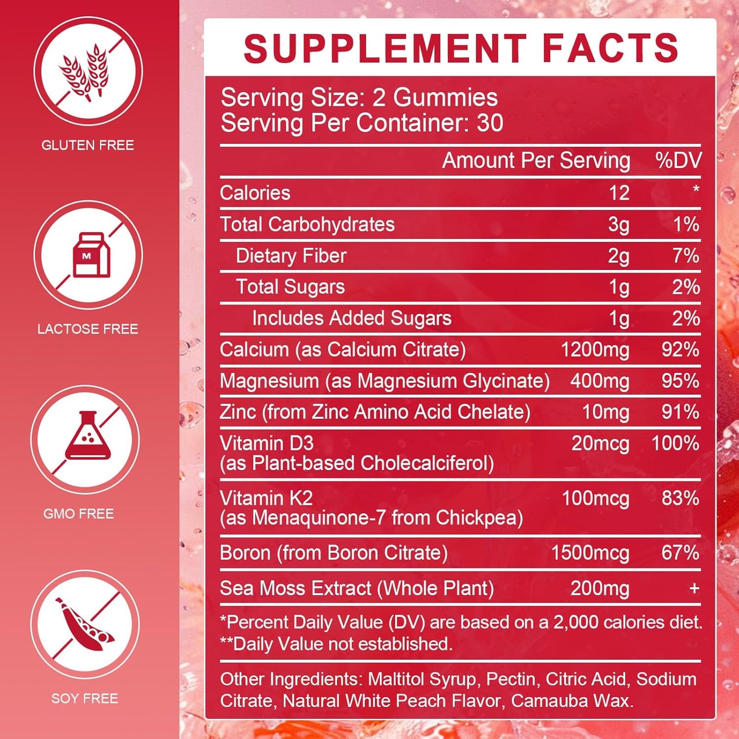 2-Pack WOGORGT Calcium Citrate 1200mg Gummies with Vitamin D3, K2 - Chewable Calcium Magnesium Zinc d3 Supplement with Sea Moss Extract - Peach Flavor - Bone, Teeth, Immune Support for Women & Men