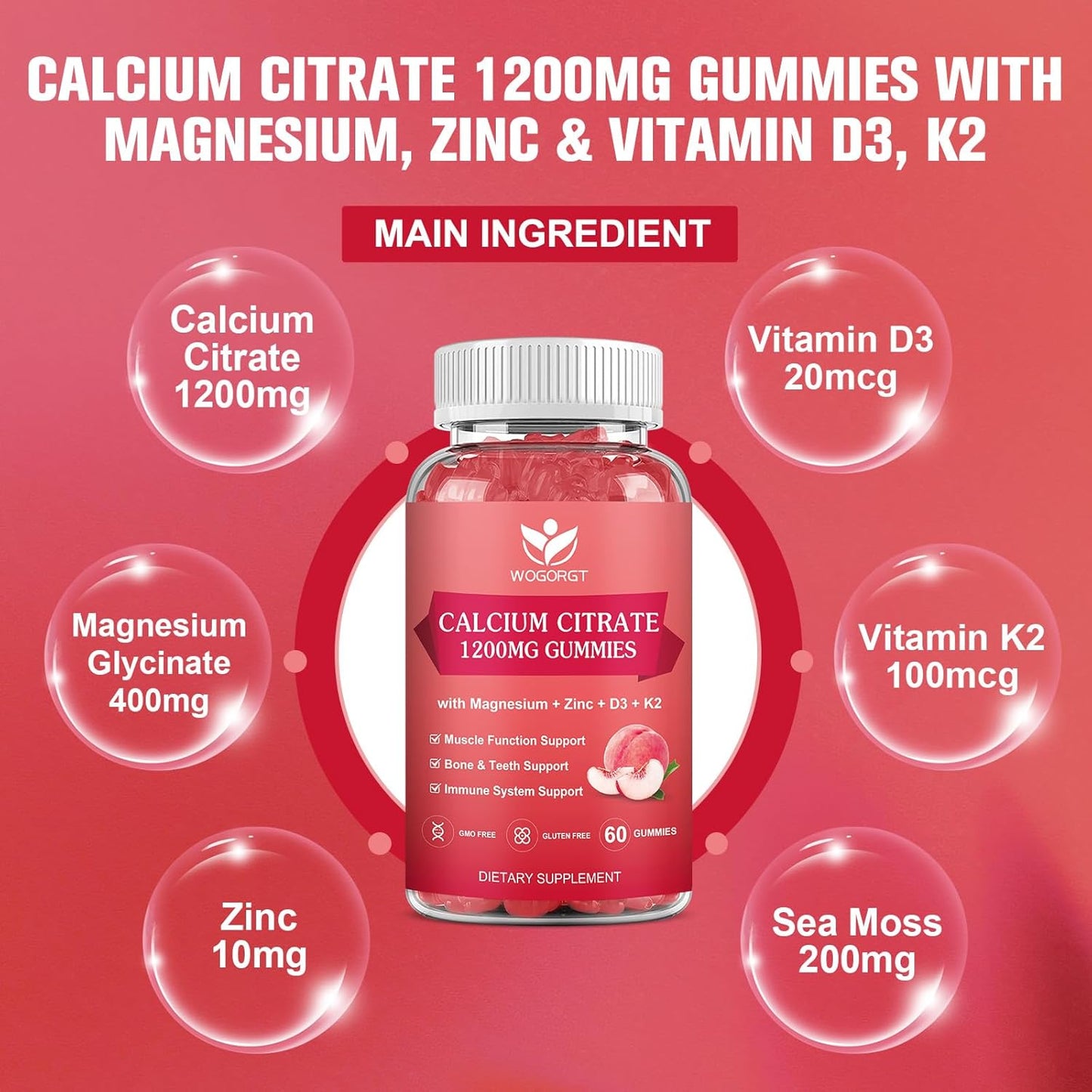 2-Pack WOGORGT Calcium Citrate 1200mg Gummies with Vitamin D3, K2 - Chewable Calcium Magnesium Zinc d3 Supplement with Sea Moss Extract - Peach Flavor - Bone, Teeth, Immune Support for Women & Men