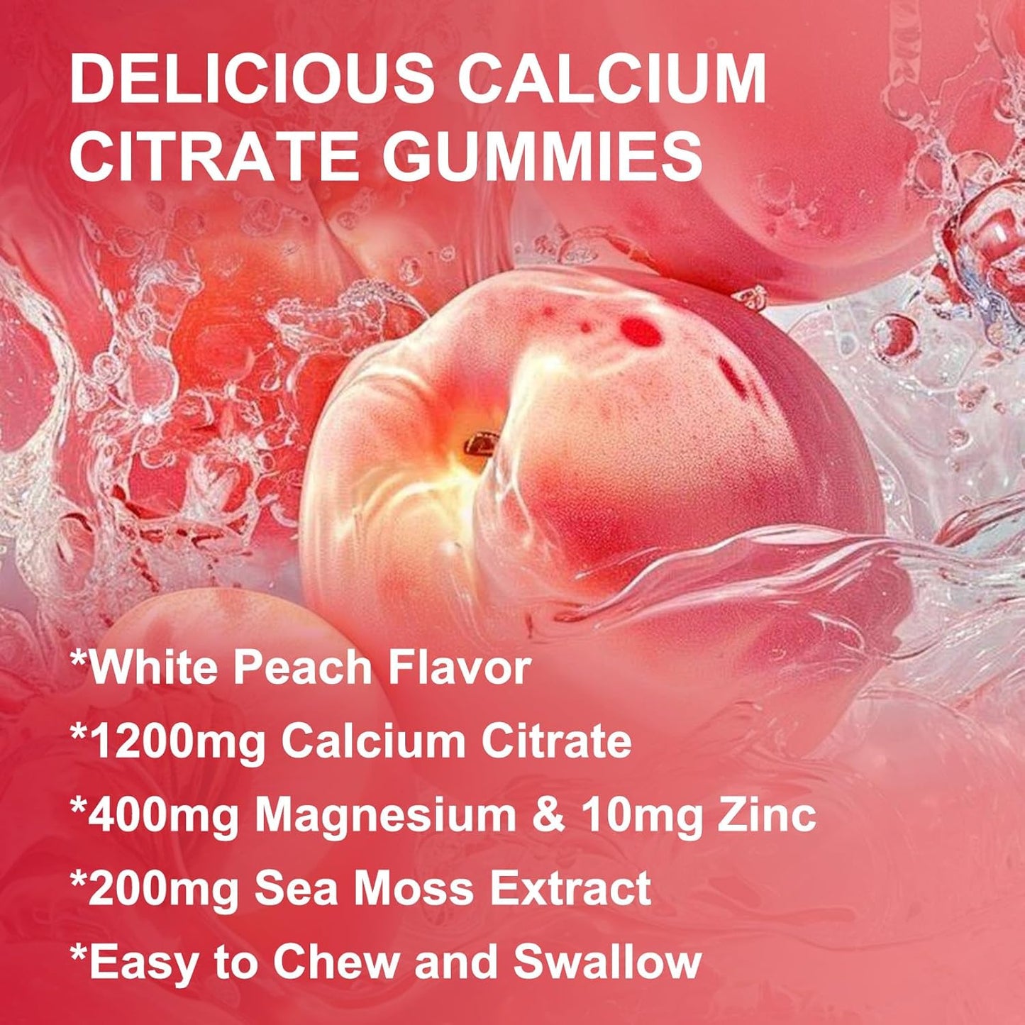 2-Pack WOGORGT Calcium Citrate 1200mg Gummies with Vitamin D3, K2 - Chewable Calcium Magnesium Zinc d3 Supplement with Sea Moss Extract - Peach Flavor - Bone, Teeth, Immune Support for Women & Men
