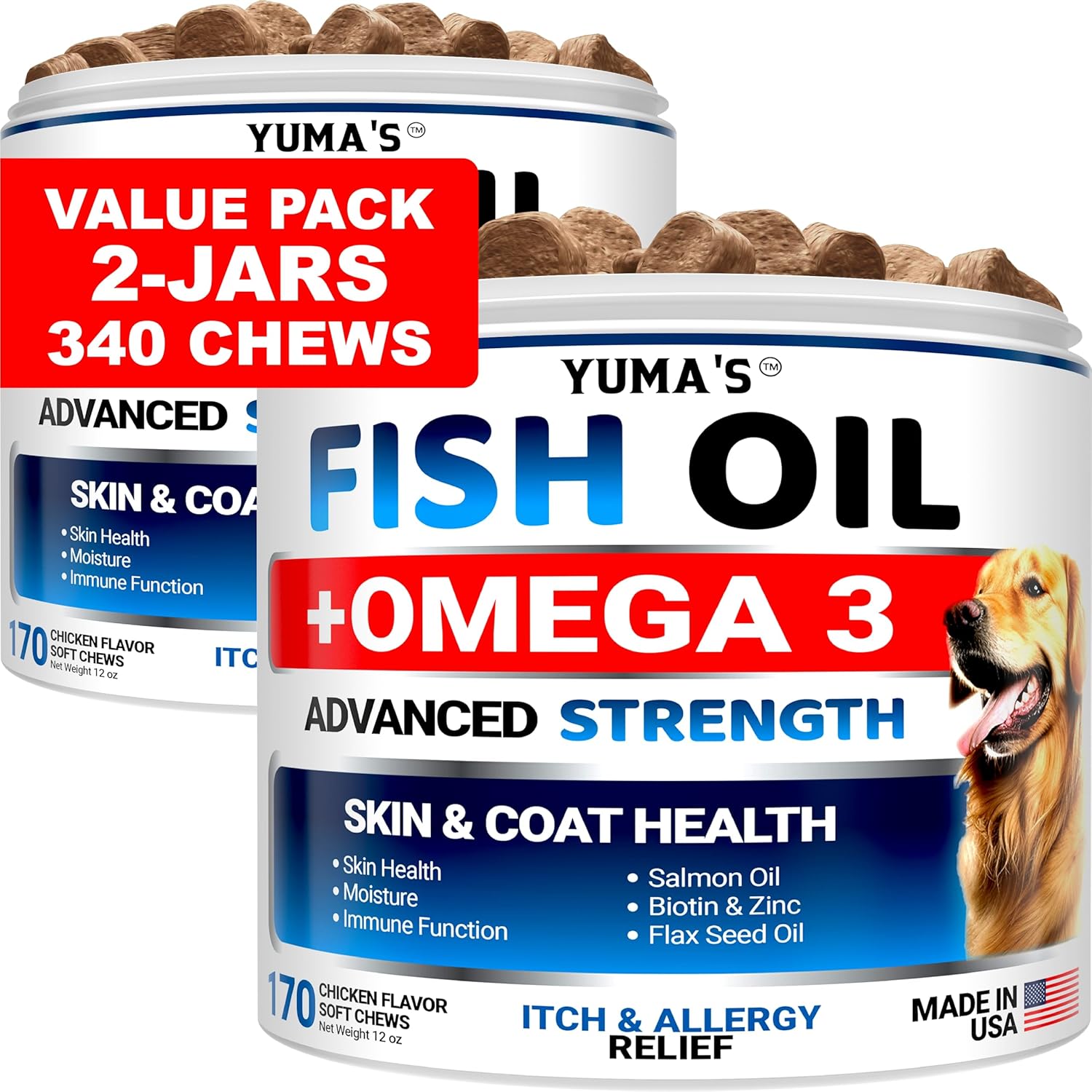 2 Pack YUMA'S Omega 3 Fish Oil Chews for Dogs - Skin & Coat Supplement - Dry Itchy Skin Relief - Allergy Support & Anti-Shedding - Salmon & Chicken Flavor - 170 Treats