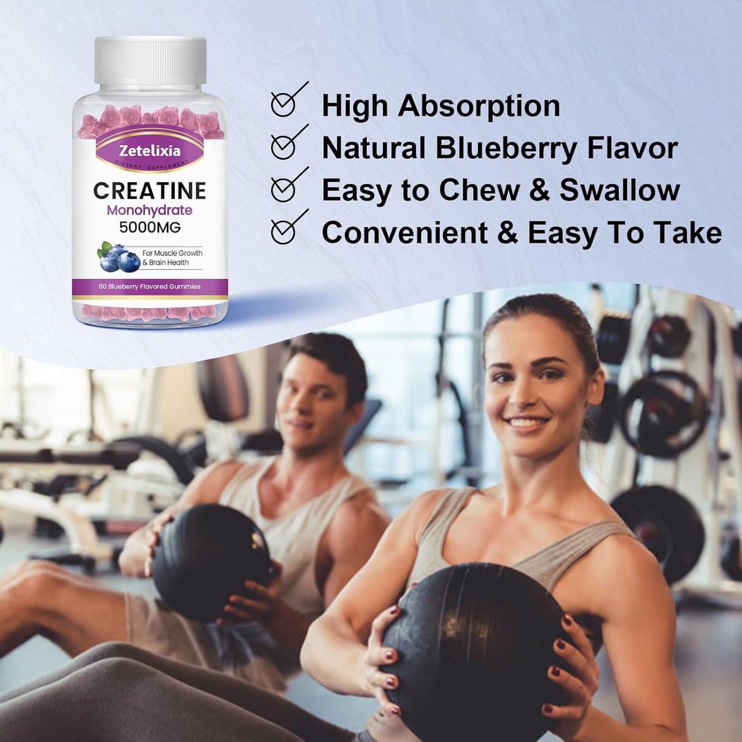 2 Pack Zetelixia Creatine Monohydrate Gummies 5g for Muscle Strength, Muscle Builder & Energy Support - Blueberry Flavor - 120 Count