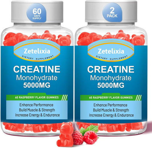 2 Pack Zetelixia Creatine Monohydrate Gummies for Men & Women, Enhanced with BCAA, Vitamin B12, Taurine - Muscle Support & Energy Boost - Vegan, Sugar Free - 120 Count