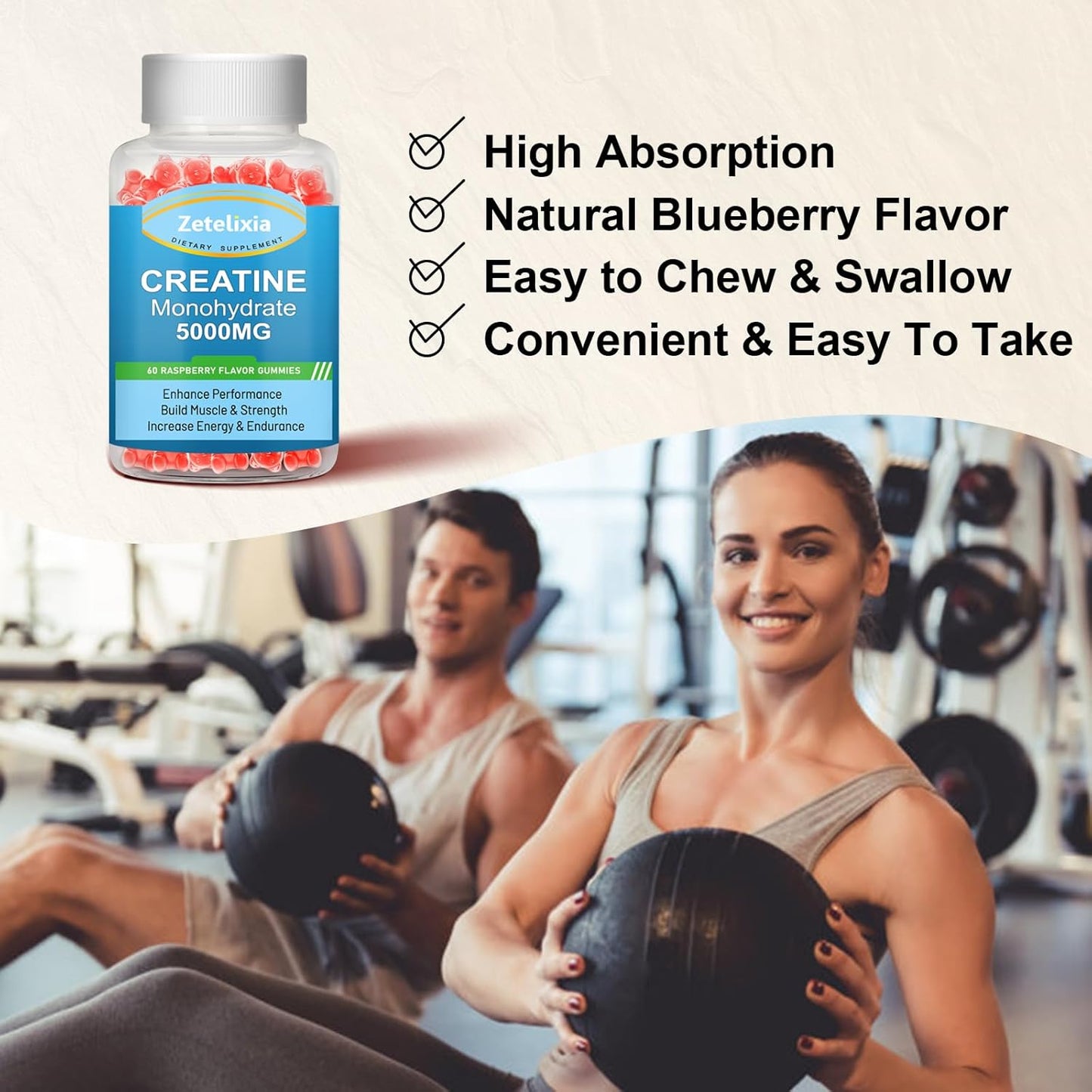 2 Pack Zetelixia Creatine Monohydrate Gummies for Men & Women, Enhanced with BCAA, Vitamin B12, Taurine - Muscle Support & Energy Boost - Vegan, Sugar Free - 120 Count