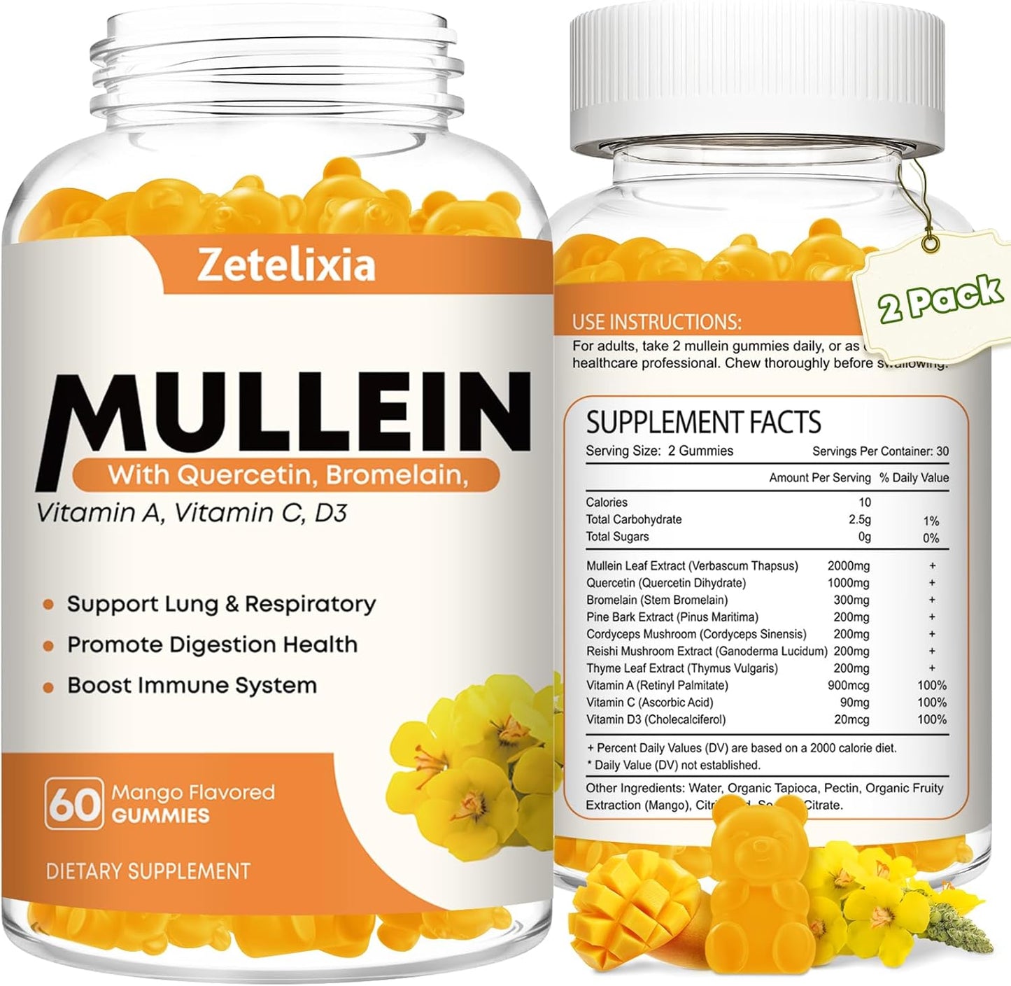 2 Pack Zetelixia Mullein Gummies - 10 in 1 Lung Support with Mullein Leaf Extract, Quercetin, Respiratory & Immunity Boost - Mango Flavor, 120 Count