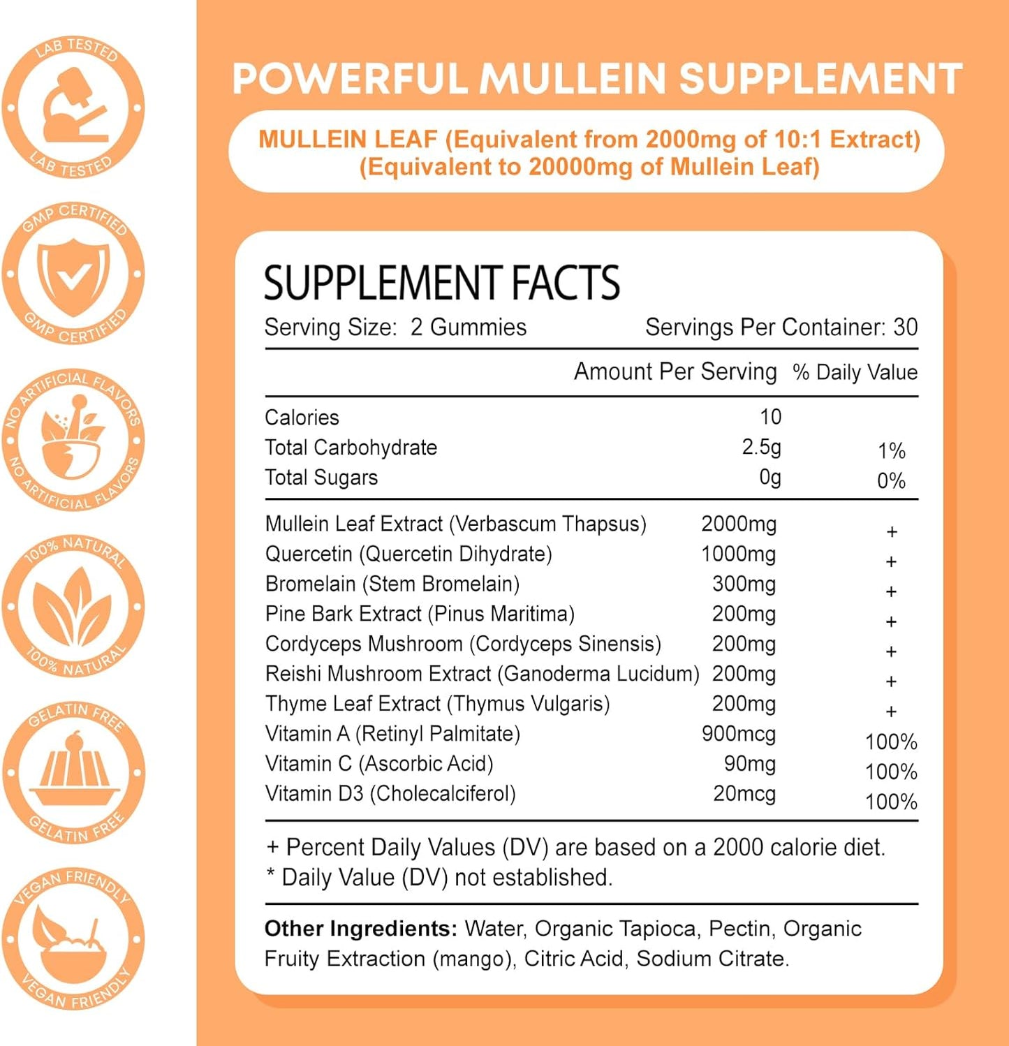 2 Pack Zetelixia Mullein Gummies - 10 in 1 Lung Support with Mullein Leaf Extract, Quercetin, Respiratory & Immunity Boost - Mango Flavor, 120 Count