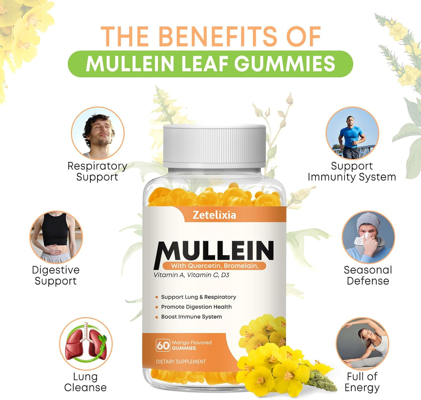 2 Pack Zetelixia Mullein Gummies - 10 in 1 Lung Support with Mullein Leaf Extract, Quercetin, Respiratory & Immunity Boost - Mango Flavor, 120 Count