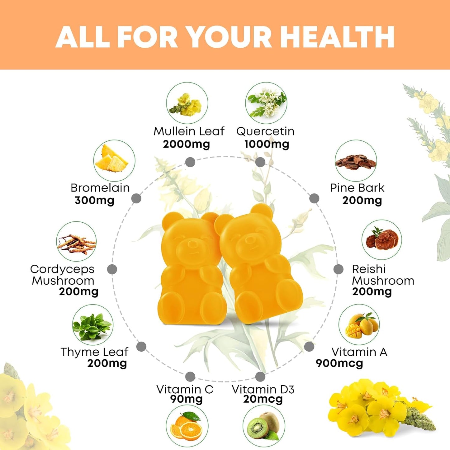 2 Pack Zetelixia Mullein Gummies - 10 in 1 Lung Support with Mullein Leaf Extract, Quercetin, Respiratory & Immunity Boost - Mango Flavor, 120 Count